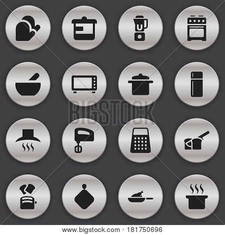 Set Of 16 Editable Food Icons. Includes Symbols Such As Shredder, Hand Mixer, Cookware. Can Be Used For Web, Mobile, UI And Infographic Design.