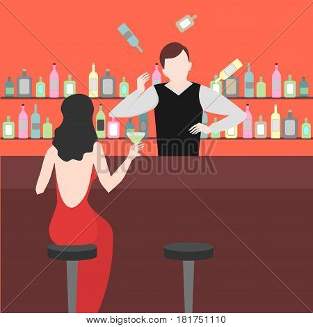 Barman show. Night life in bar. Juggler Man juggle. Alcoholic cocktails and bottles icon set