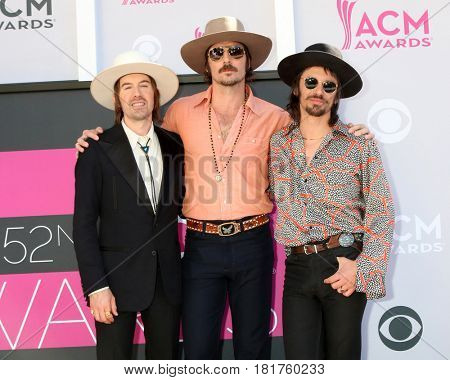 LAS VEGAS - APR 2:  Jess Carson, Mark Wystrach, Cameron Duddy at the Academy of Country Music Awards 2017 at T-Mobile Arena on April 2, 2017 in Las Vegas, NV
