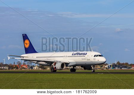 Amsterdam Schiphol Airport the Netherlands - April 14 2017: Lufthansa airbus a320 200 aircraft landing
