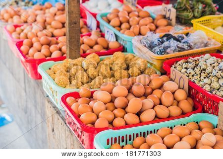 The Eggs - Chicken And Quail In The Wicker Basket On The Vietnamese Market. Asian Food Concept