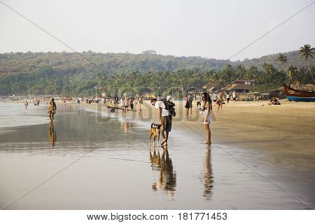ARAMBOL BEACH, GOA, INDIA - FEBRUARY 15, 2013: People are walking on beach