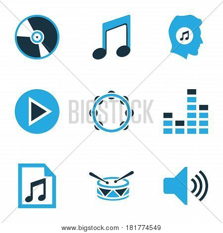 Music Colored Icons Set. Collection Of Volume, Vinyl, Drum And Other Elements. Also Includes Symbols Such As Speaker, Timbrel, Lover.
