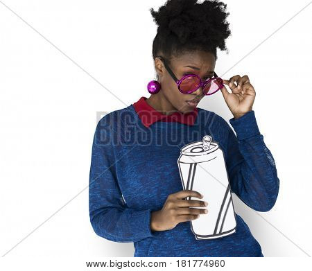 African Woman with Sunglasses Holding a Can Beverage