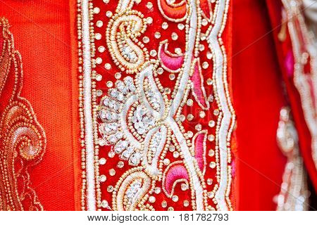 Close Up Texture Of Indian Sari With Crystals, Rhinestones And Embroidery