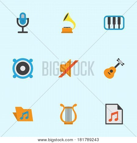 Multimedia Flat Icons Set. Collection Of Shellac, Acoustic, Sonata And Other Elements. Also Includes Symbols Such As Shellac, Mic, Music.