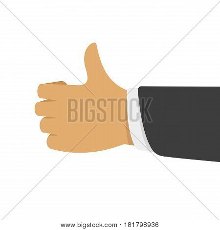 Hand with thumb up isolated on white background. Businessman hand shows an approving gesture. Vector illustration in flat design. EPS 10.