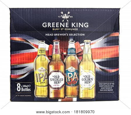 SWINDON UK - APRIL 06 2017: Box of Head Brewers Selection Beers from Greene King the box contains eight bottles of the finest English beers hand-picked by the head brewer.