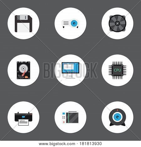 Flat Display, Processor, Printing Machine And Other Vector Elements. Set Of Laptop Flat Symbols Also Includes Monitor, Printing, Printer Objects.