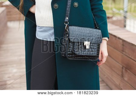 Cassic coat with handbag Stylish fashion model outdoor