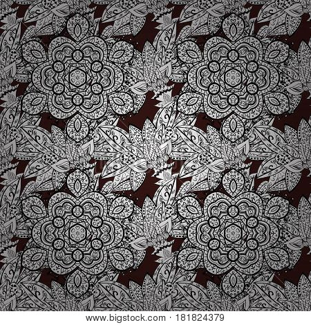 Damask Seamless Pattern Repeating Background. Antique Gray Repeatable Sketch. Gray Element On Brown 