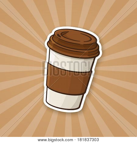 Vector illustration. Disposable paper cup with coffee or tea. Sticker in cartoon style with contour. Decoration for greeting cards, patches, prints for clothes, badges, posters, menus