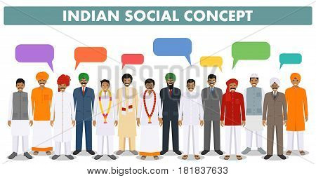 Indian men standing together in row in different traditional national clothes and speech bubbles on white background in flat style. Flat design people characters. Social concept.