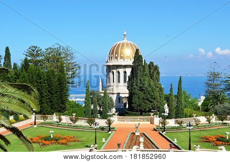 Panoramic landscape with Bahai Gardens and sea port. Haifa, Israel.