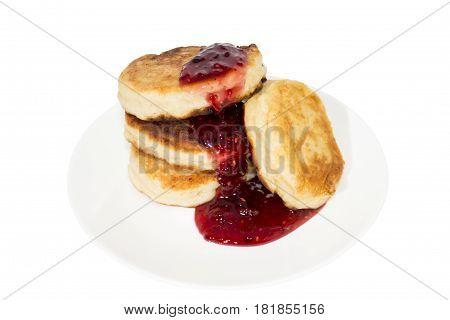Cheese pancake is a flat cake often thin and round prepared from a starch-based batter that may also contain eggs milk cheese and butter and cooked on a hot surface such as a griddle or frying pan often with oil or butter.