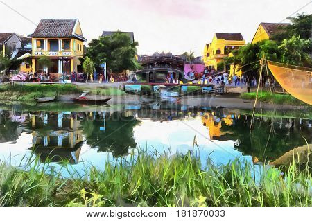 Colorful painting of evening landscape in Hoi An, Thu Bon River, Vietnam