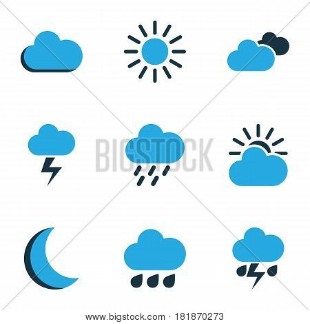 Meteorology Colored Icons Set. Collection Of Overcast, Rainstorm, Lightning And Other Elements. Also Includes Symbols Such As Sun, Sunny, Rainstorm.