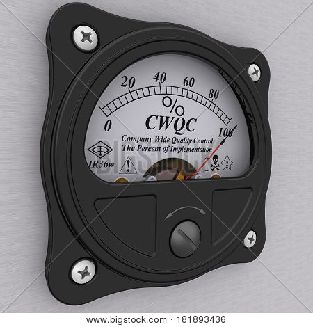 CWQC. Company Wide Quality Control Indicator. The percent of implementation. Analog indicator showing the level of implementation CWQC (Company Wide Quality Control). 3D Illustration. Isolated