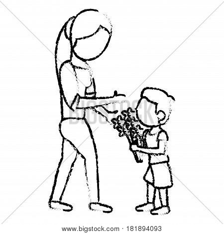 sketch mother and son bouquet flowers vector illustration eps 10