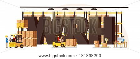 vector illustration of warehouse logistic background isometric objects car human forklift boxes workers vector eps 10 set