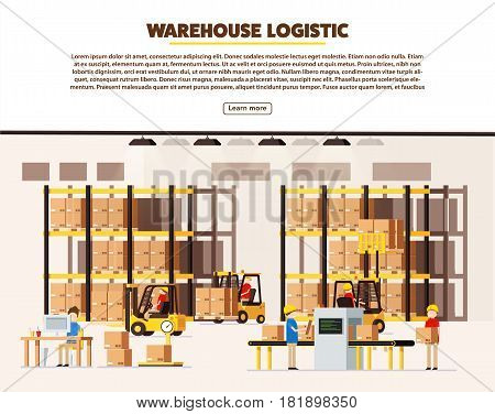 vector illustration of warehouse logistic background isometric objects car human forklift boxes workers vector eps 10 set