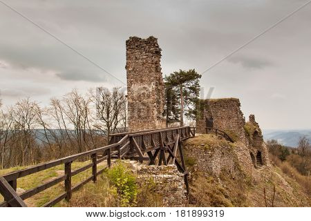 Zubstejn ruins of the castle built in the 13th century. It stands on a hill above the village Pivonice in Czech Republic. Overcast day