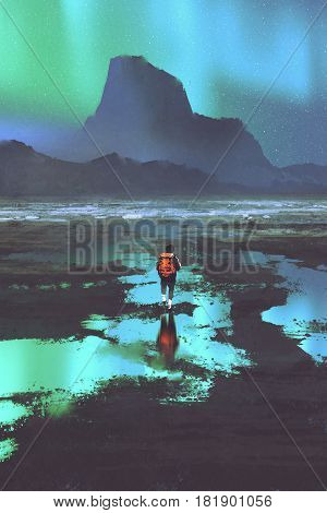 night scenery of hiker with backpack looking at mountains and colorful light in the skym illustration painting