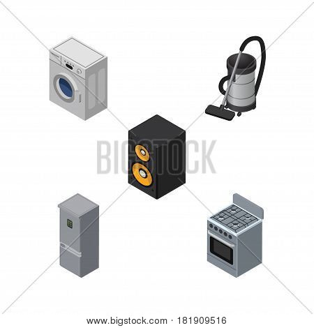 Isometric Appliance Set Of Kitchen Fridge, Laundry, Vac And Other Vector Objects. Also Includes Vac, Refrigerator, Loudspeaker Elements.