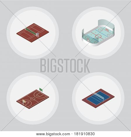 Isometric Sport Set Of Tennis, B-Ball, Ice Games And Other Vector Objects. Also Includes Playground, B-Ball, Volleyball Elements.