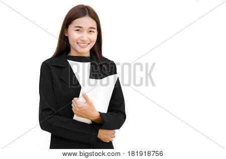 portrait of asian businesswoman isolated on white background and paper sheet