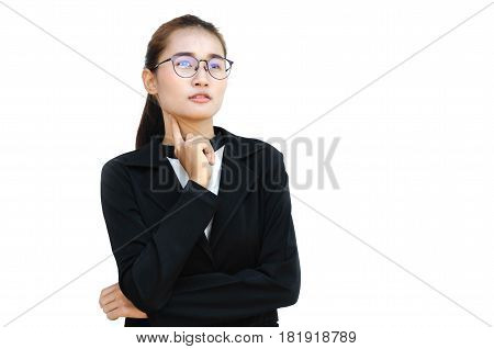 portrait of asian businesswoman isolated on white background and Bespectacled with thoughtful