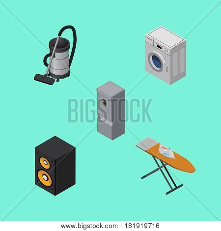 Isometric Technology Set Of Kitchen Fridge, Cloth Iron, Vac And Other Vector Objects. Also Includes Vac, Washing, Cloth Elements.