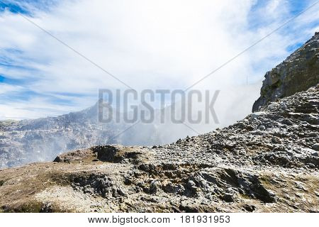 Steam rising from the crater La Soufriere volcano the highest mountain in Guadeloupe, French department in Caribbean