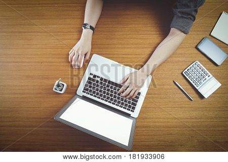 Concept Of Using Electronics. Businessman Works At Office. Computer, Laptop, Tablet, Caculator And O