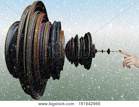 3D illustration of solving problems in Business. Women's hand touches the tip directed at her tangle of problems easily stopping them.