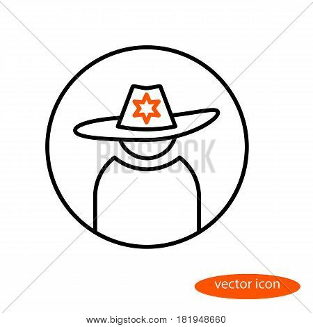 Vector linear representation of power representative in a hat with a badge a flat line icon.