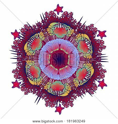 Hexagonal ornament with crabs, starfish and actinia in Art Nouveau style. Intricate composition, bright colours. Mandala tatoo. Textile print. EPS10 vector illustration.