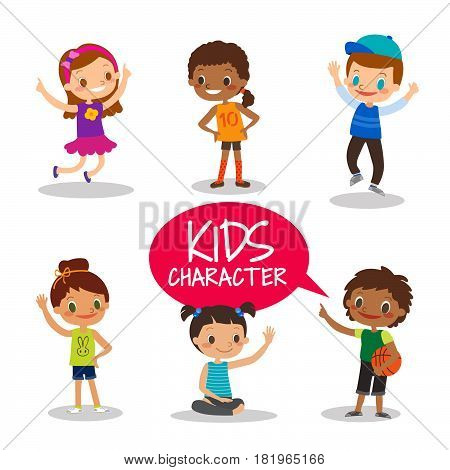 Happy teen preteen kids cartoon characters on white background