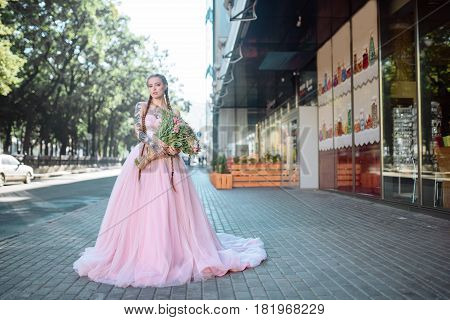 Close Up Portrait Of Beautiful Bride With Tattoo And Long Hair In Braids. Girl Dressed In A Classic