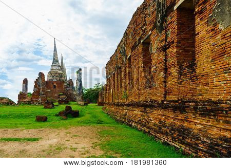Ancient pagoda are Ayutthaya Thailand in blue sky day.