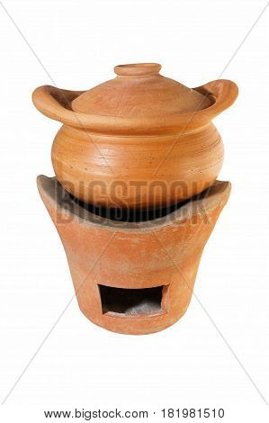 Brown clay pot and clay stove isolated on white background. It made for cooking boiler and stove.