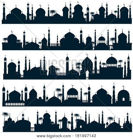 Islamic city skylines with mosque and minaret vector silhouettes arabic architecture. Black silhouette mosque and landmark, illustration of muslim panorama building silhouette city