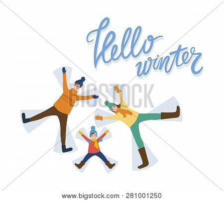 Cheerful Family Laying On Snow. Smiling Man And Woman With Son In Sweater With Scarf And Warm Hat Wi