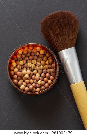 Flat Lay Of Face Powder Pearls In An Open Powder Box And A Make Up Brush. Feminine Cosmetics And Mak