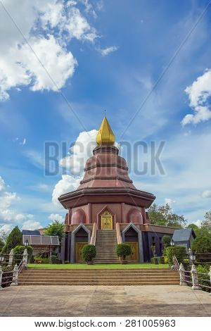 Sam Than Chao Khun Pagoda With Thai Language Post In Wat Pai Lom, Trad Province, Thailand.