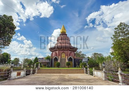 Sam Than Chao Khun Pagoda With Thai Language Post In Wat Pai Lom, Trad Province, Thailand.