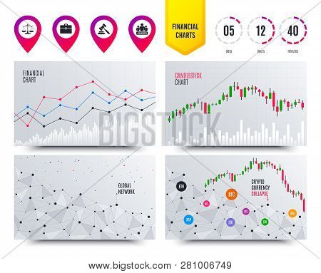 Financial Planning Charts. Scales Of Justice Icon. Group Of Clients Symbol. Auction Hammer Sign. Law