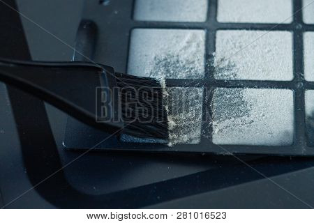 Dirty Dust Filter.a Layer Of Grey Dust On The Filter From The Computer.dust Cleaning In Electronics 