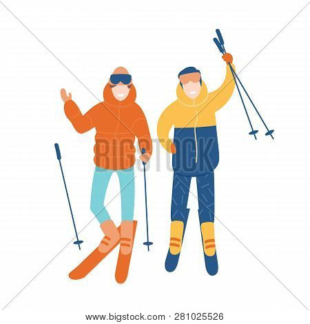 Young Couple Or Pair Of Friends Skiing Together. Smiling Man And Woman On Skis. Winter Extreme Sport