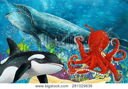 Cartoon Scene With Whale And Killer Whale And Octopus Near Coral Reef - Illustration For Children